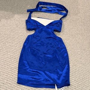 Lucy in the Sky Satin Cutout Bodycon Dress in Blue